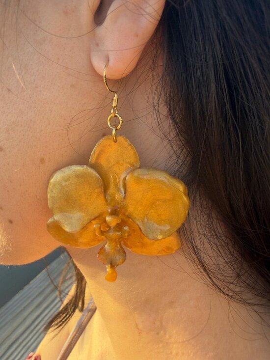 Jewelry - Real Orchid Resin Earrings | Gold Flake Dangle Drop | Preserved Flower